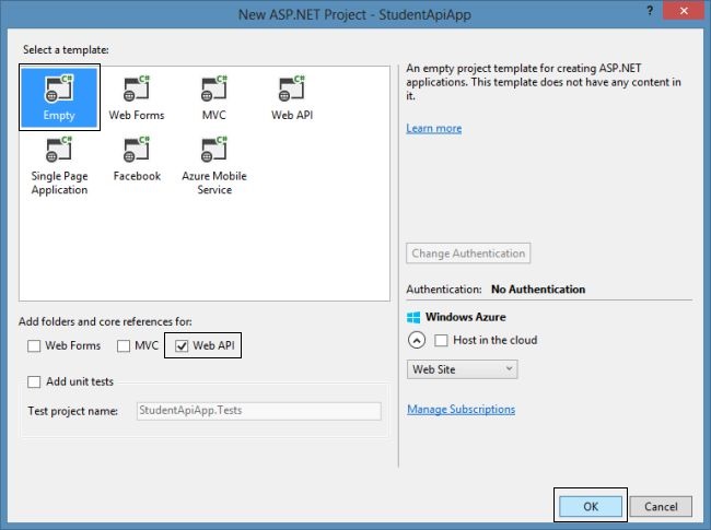 Creating Empty Project using Web API Template